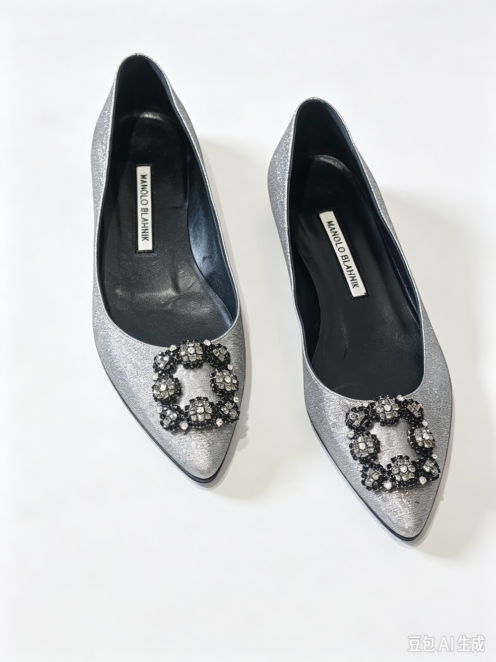 Manolo Blahnik Silver Crystal Embellished Pointed-Toe Flats